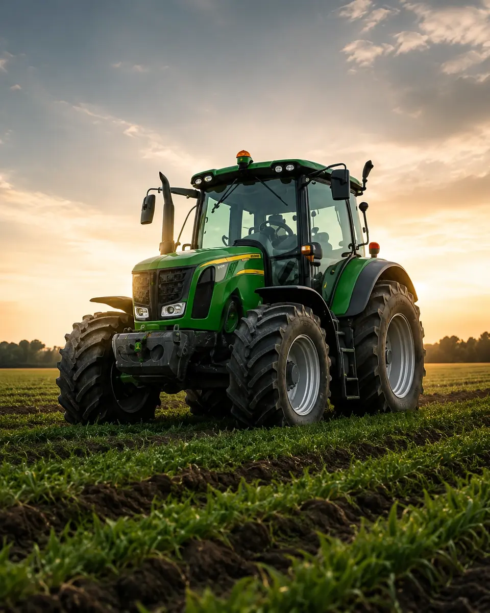 Tractor trabajando un lote sembrado al atardecer.