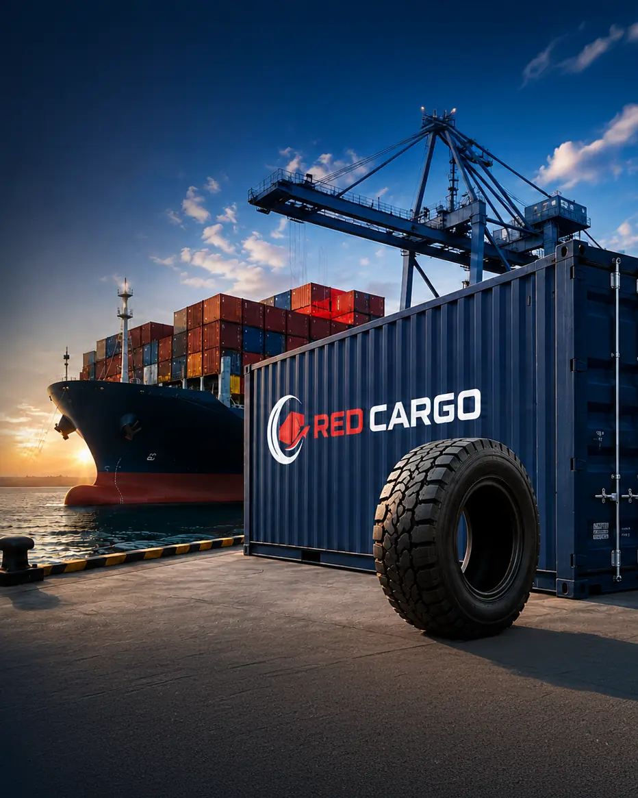 Contenedor Red Cargo con un neumático en el puerto, junto a un buque portacontenedores.